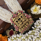 Vriksham Lakshmi Pendant 10 Layer Pearl Beaded Maala neckpiece-Aqua Green Bead-J3363